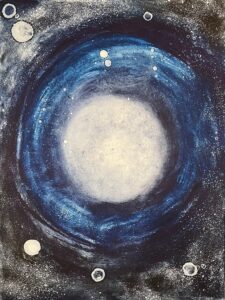 BLOOM-2
. My monoprints ‘Bloom ‘are a small model of the cosmos where each small dot has got its own individuality and beauty which is created by some unknown force. Each of us and even smallest particle is a part of this cosmos and has own contribution for the balance which is important for this creation. I have also done a ceramic vase based on the same topic and its spiral shape represents the ‘Infinity’ of the cosmos.